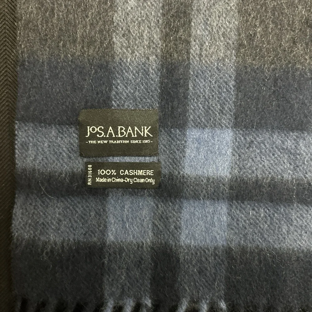Jos. A Bank 100% Cashmere Scarf Plaid Blue 5-ft